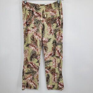 Cali 1850 Linen Blend Women's Pull On Green Floral Straight Ankle Pants Size Med